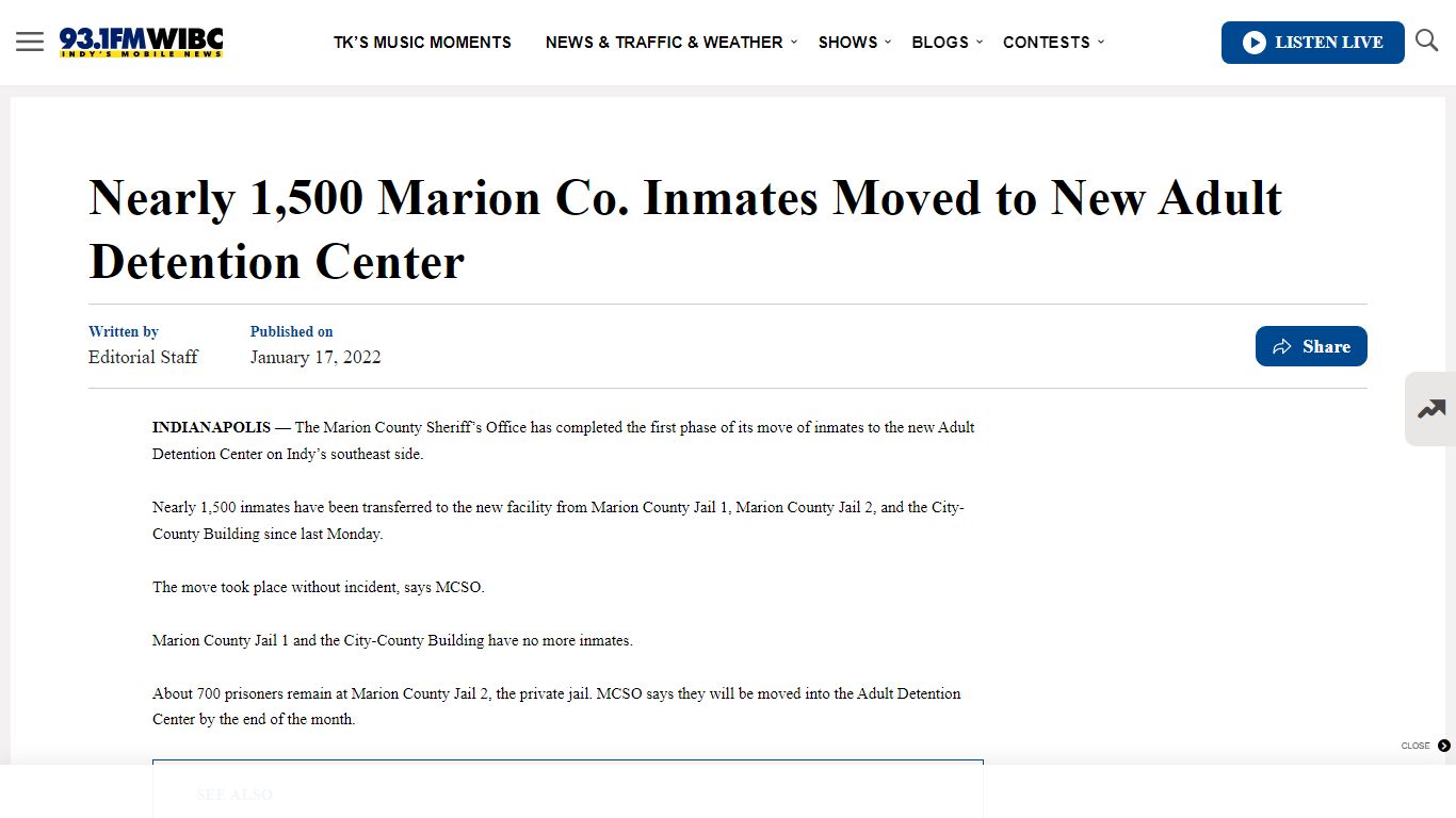 Nearly 1,500 Marion Co. Inmates Moved to New Adult Detention Center